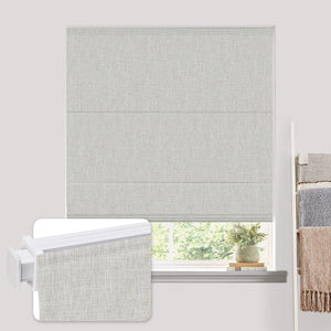 Sand-colored no-drill Roman shade: on a window