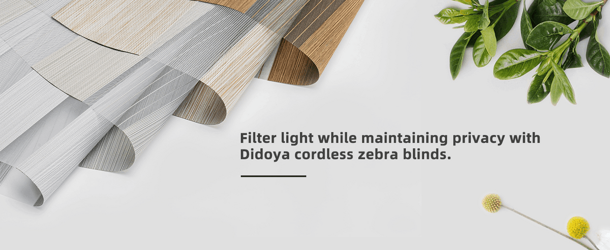 Zebra blind fabrics arranged in layered neutral colors