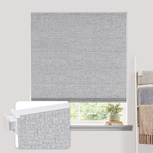 Gray no-drill Roman shade: on a window