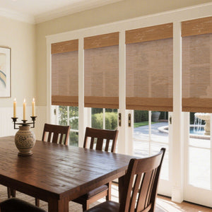 Natural brown bamboo Roman shade: in a dining room
