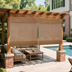 Natural brown bamboo Roman shade: shade shown on a patio
