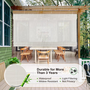 White bamboo Roman shade: woven material and outdoor display