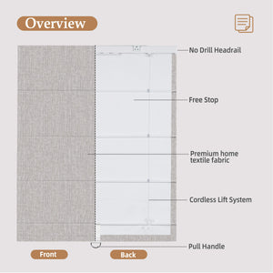 Linen-colored no-drill Roman shade: front and back construction