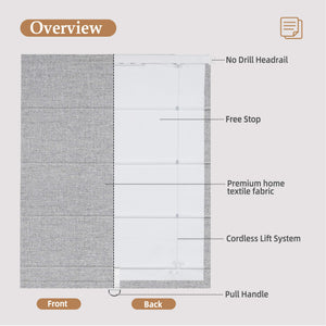 Gray no-drill Roman shade: front and back construction