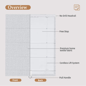 Light gray no-drill Roman shade: front and back construction