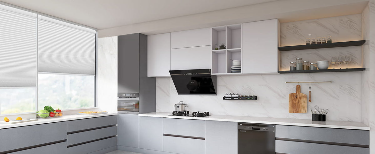 White cellular shades on kitchen windows
