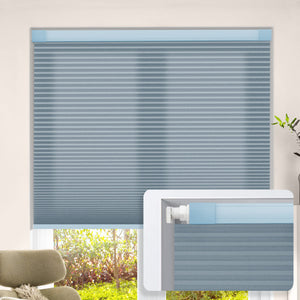 Blue no-drill cellular honeycomb shade: on a window