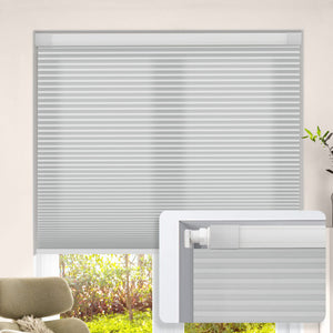 Gray no-drill cellular honeycomb shade: on a window