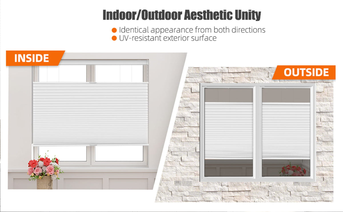 Roller shade shown from inside and outside a window
