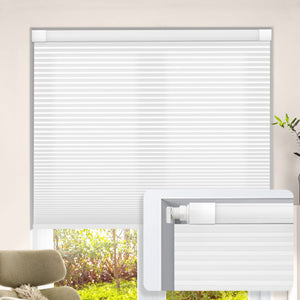 White no-drill cellular honeycomb shade: on a window