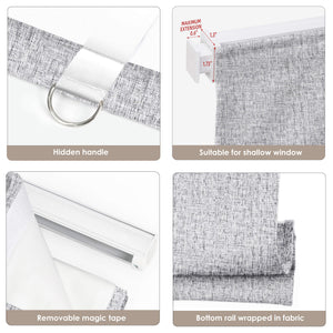 Gray no-drill Roman shade: headrail, fabric and bottom rail details