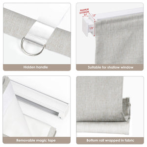Sand-colored no-drill Roman shade: headrail, fabric and bottom rail details
