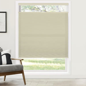 Beige top-down bottom-up cellular honeycomb shade: on a window