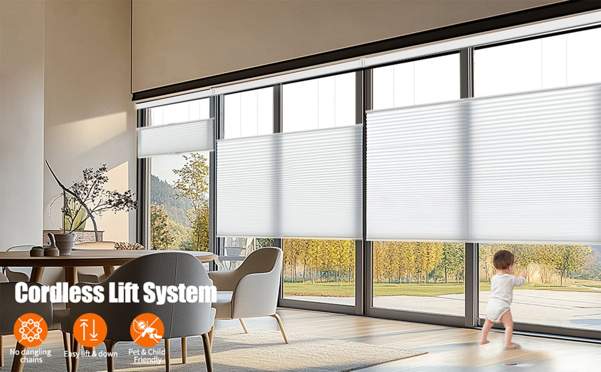 Cordless roller shade operation illustrated in a living room
