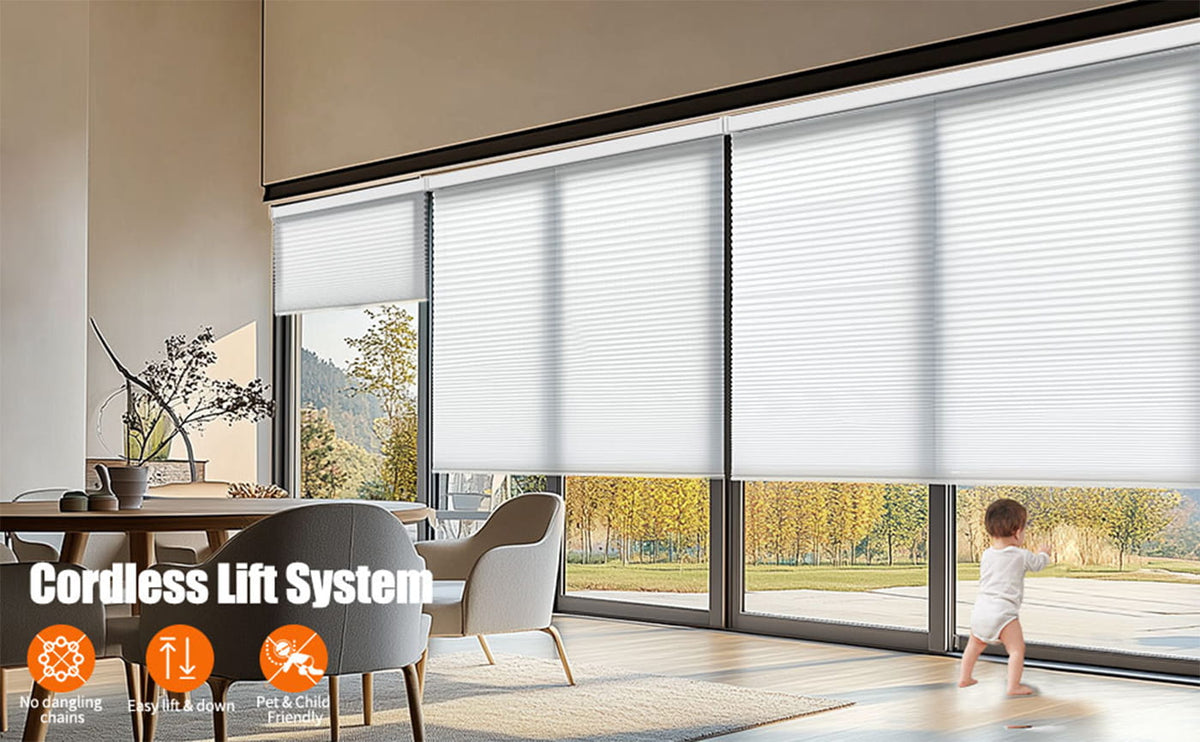 Cordless roller shade operation illustrated in a living room