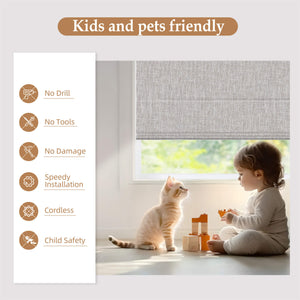 Linen-colored no-drill Roman shade: cordless design illustrated beside a child and pet