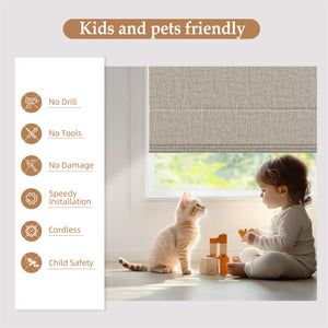 Coffee brown no-drill Roman shade: cordless design illustrated beside a child and pet