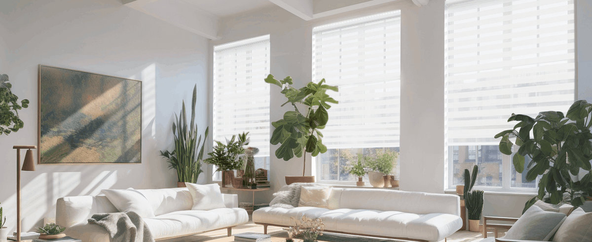 White zebra blinds behind a bright living room sofa