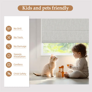 Sand-colored no-drill Roman shade: cordless design illustrated beside a child and pet
