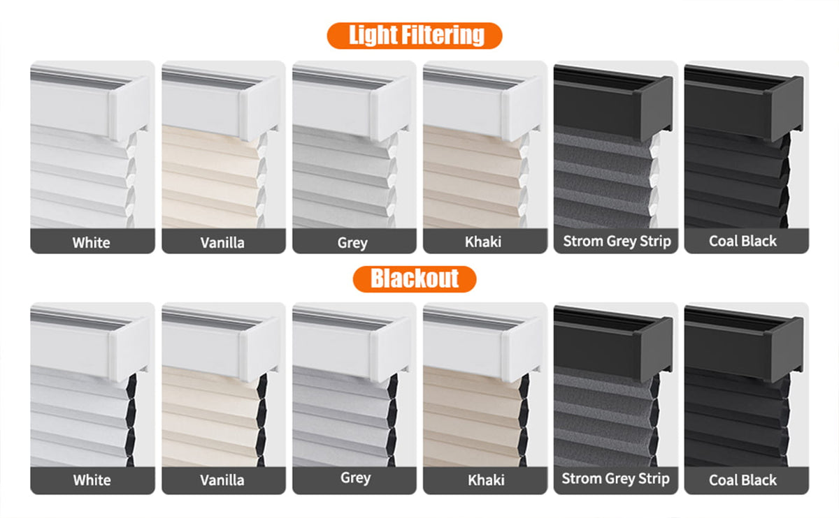 Cellular shade colors shown with light-filtering and blackout fabric