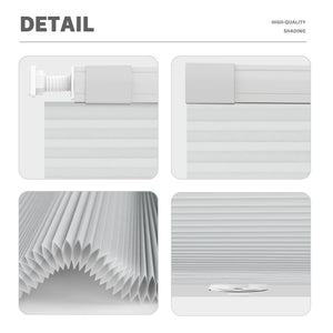 Light gray no-drill cellular honeycomb shade: headrail, fabric and bottom rail details