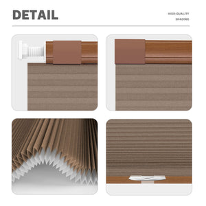Brown no-drill cellular honeycomb shade: headrail, fabric and bottom rail details