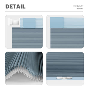 Blue no-drill cellular honeycomb shade: headrail, fabric and bottom rail details