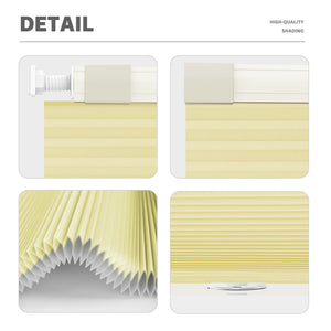 Yellow no-drill cellular honeycomb shade: headrail, fabric and bottom rail details