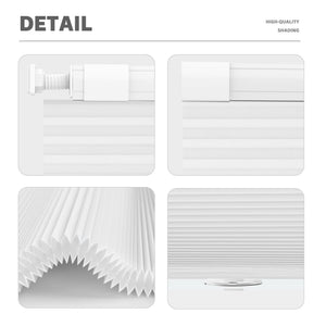 White no-drill cellular honeycomb shade: headrail, fabric and bottom rail details