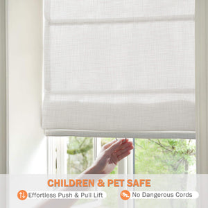 Beige Roman shade: cordless lift operation