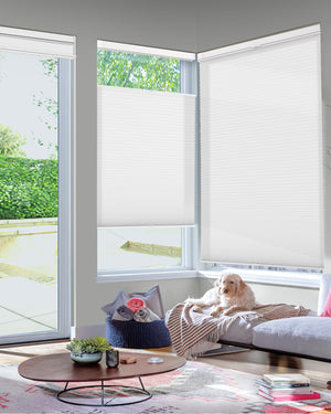 White top-down bottom-up no-drill cellular honeycomb shade: in a furnished room