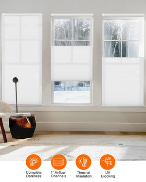 White top-down bottom-up no-drill cellular honeycomb shade: on paired windows