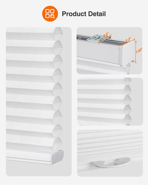 White cellular honeycomb shade: headrail, fabric and bottom rail details