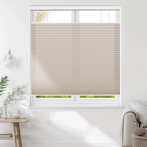 Taupe top-down bottom-up cellular honeycomb shade: on a window