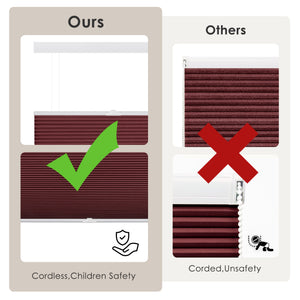 Burgundy top-down bottom-up cellular honeycomb shade: cordless and corded design comparison