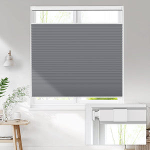 Dark gray top-down bottom-up no-drill cellular honeycomb shade: on a window