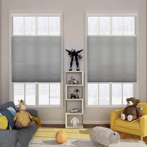 Gray top-down bottom-up cellular honeycomb shade: on paired windows