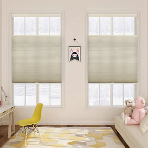 Beige top-down bottom-up cellular honeycomb shade: on paired windows