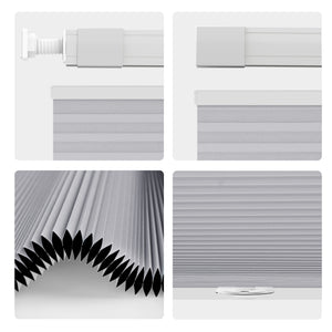Gray top-down bottom-up no-drill cellular honeycomb shade: headrail, fabric and bottom rail details