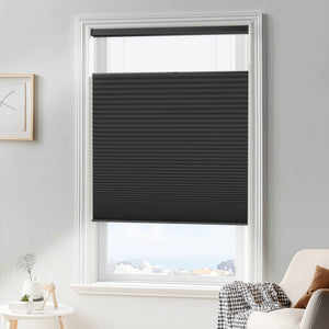 Black top-down bottom-up cellular honeycomb shade: in a furnished room