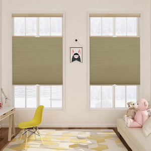 Brown top-down bottom-up cellular honeycomb shade: on paired windows
