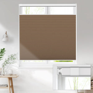 Brown top-down bottom-up no-drill cellular honeycomb shade: on a window