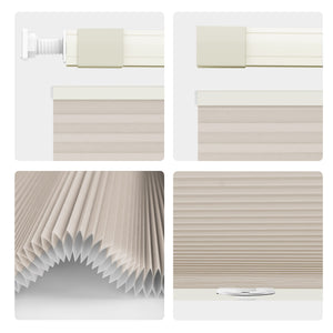 Beige top-down bottom-up no-drill cellular honeycomb shade: headrail, fabric and bottom rail details