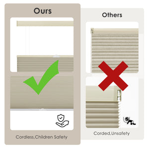 Beige top-down bottom-up cellular honeycomb shade: cordless and corded design comparison