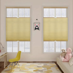 Yellow top-down bottom-up cellular honeycomb shade: on paired windows