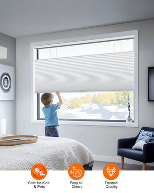 White top-down bottom-up cellular honeycomb shade: cordless lift operation