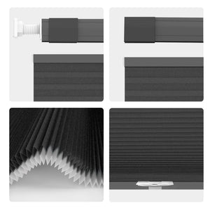 Black top-down bottom-up no-drill cellular honeycomb shade: headrail, fabric and bottom rail details