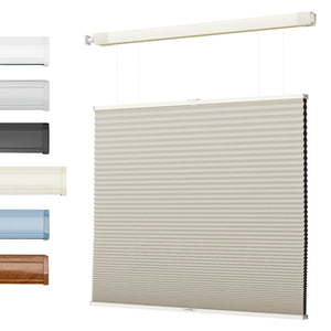 Beige top-down bottom-up no-drill cellular honeycomb shade: front product view