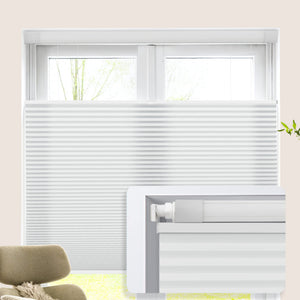 Light gray top-down bottom-up no-drill cellular honeycomb shade: on a window