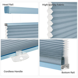 Blue top-down bottom-up cellular honeycomb shade: headrail, fabric and bottom rail details